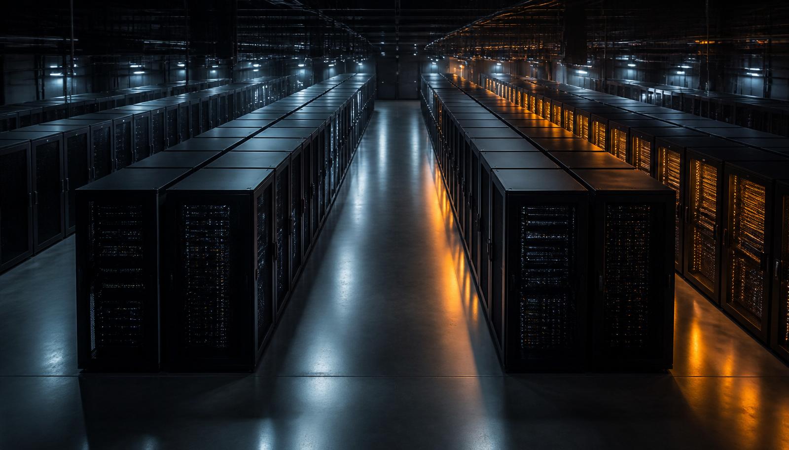 Wide view of a data center hall, symmetrical aisles of black server cabinets under overhead lighting